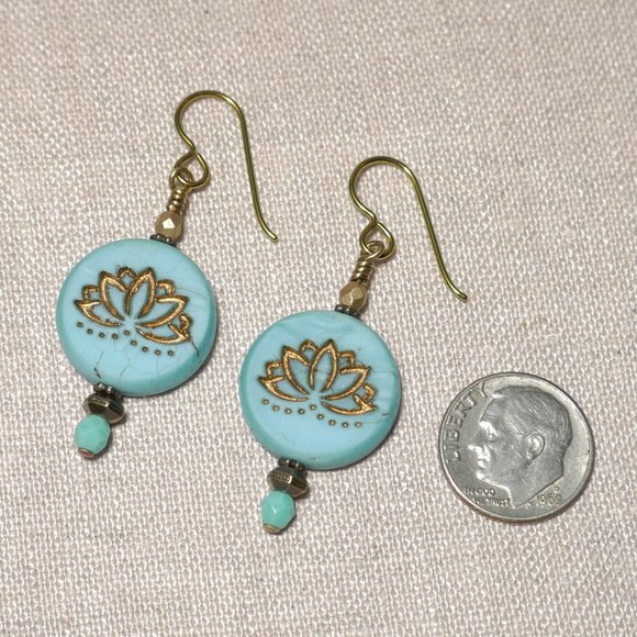 Hand Crafted Handmade Earrings Turquoise & Bronze Lotus Bead Earrings - Picture 3 of 5